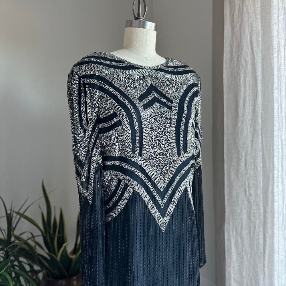 Laurence Kazar Women’s Large Dress Black Silk Beaded 80s Sequin Maxi Formal
